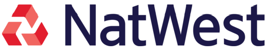 NatWest logo: Red and dark blue. The logo features a red three-dimensional geometric shape, and the text